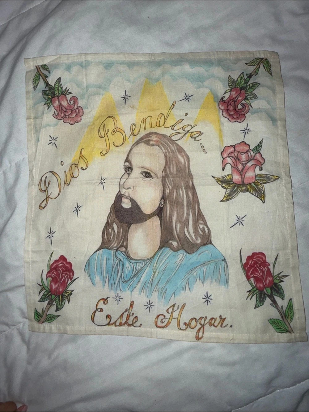 Vintage 1990s Puerto Rico Prison-Made Religious Cloth “Dios Bendiga Este Hogar”